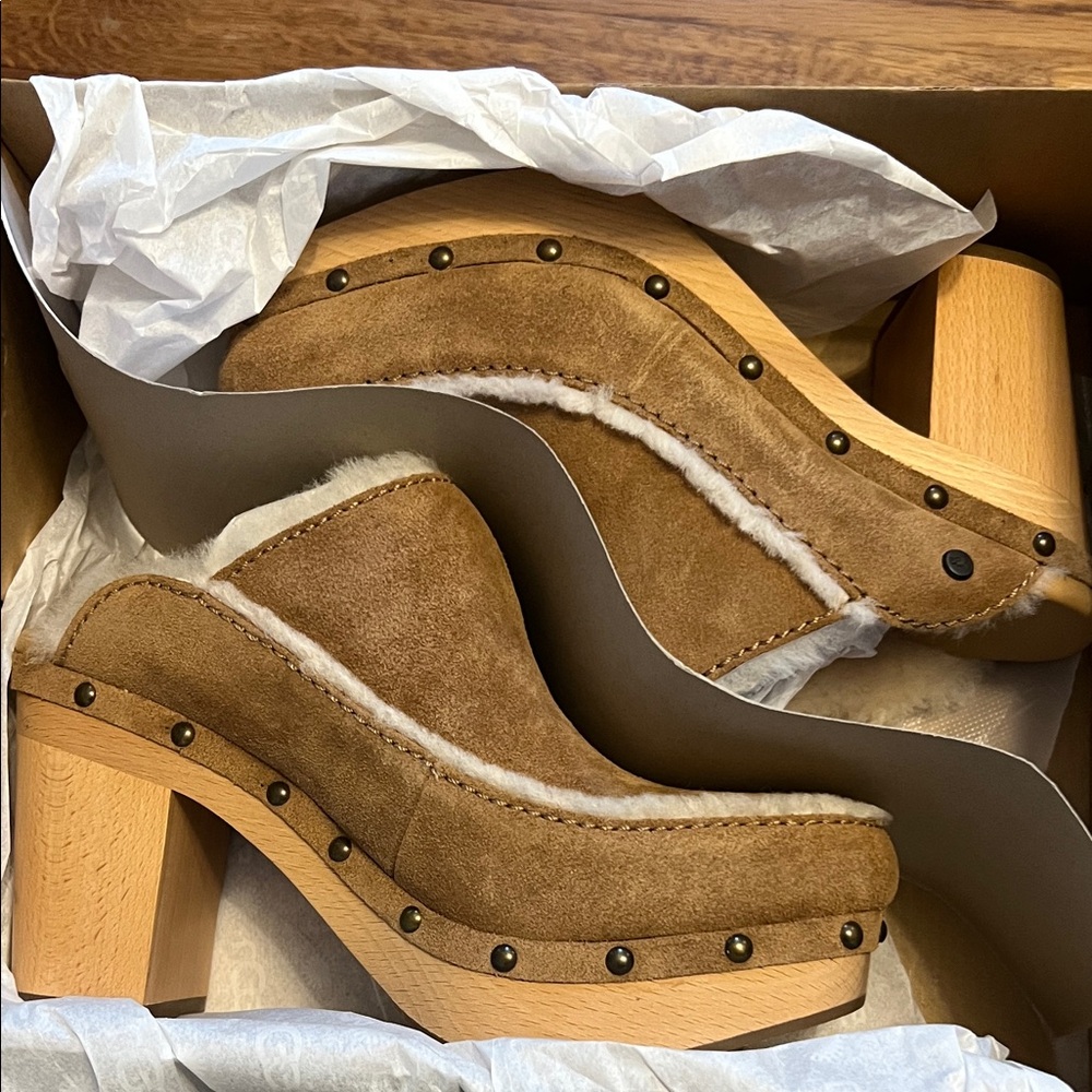 Ugg Aubriana Brown Suede Clogs with Shearling Lining